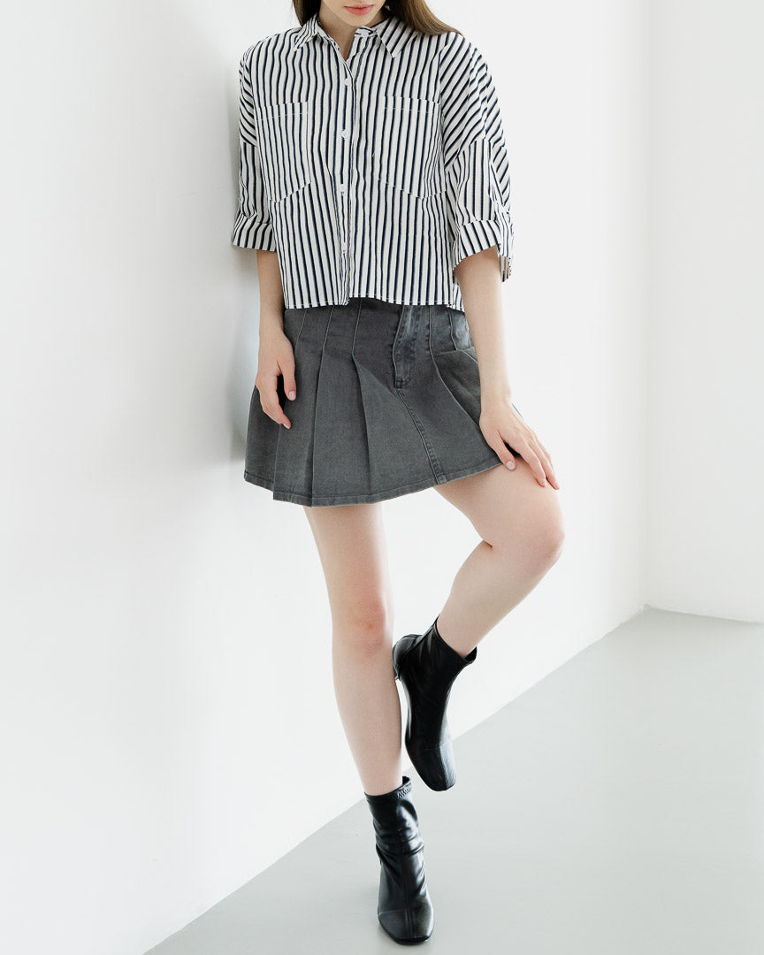 Alea Striped Crop Navy Shirt  - Atasan Wanita Kekinian - 189228