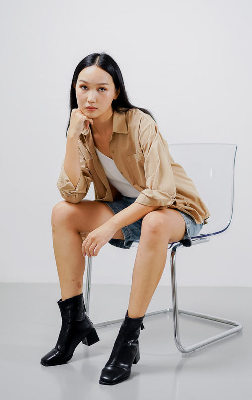 Baline Oversized Pockets Shirt Brown - Kemeja Wanita Lengan Panjang