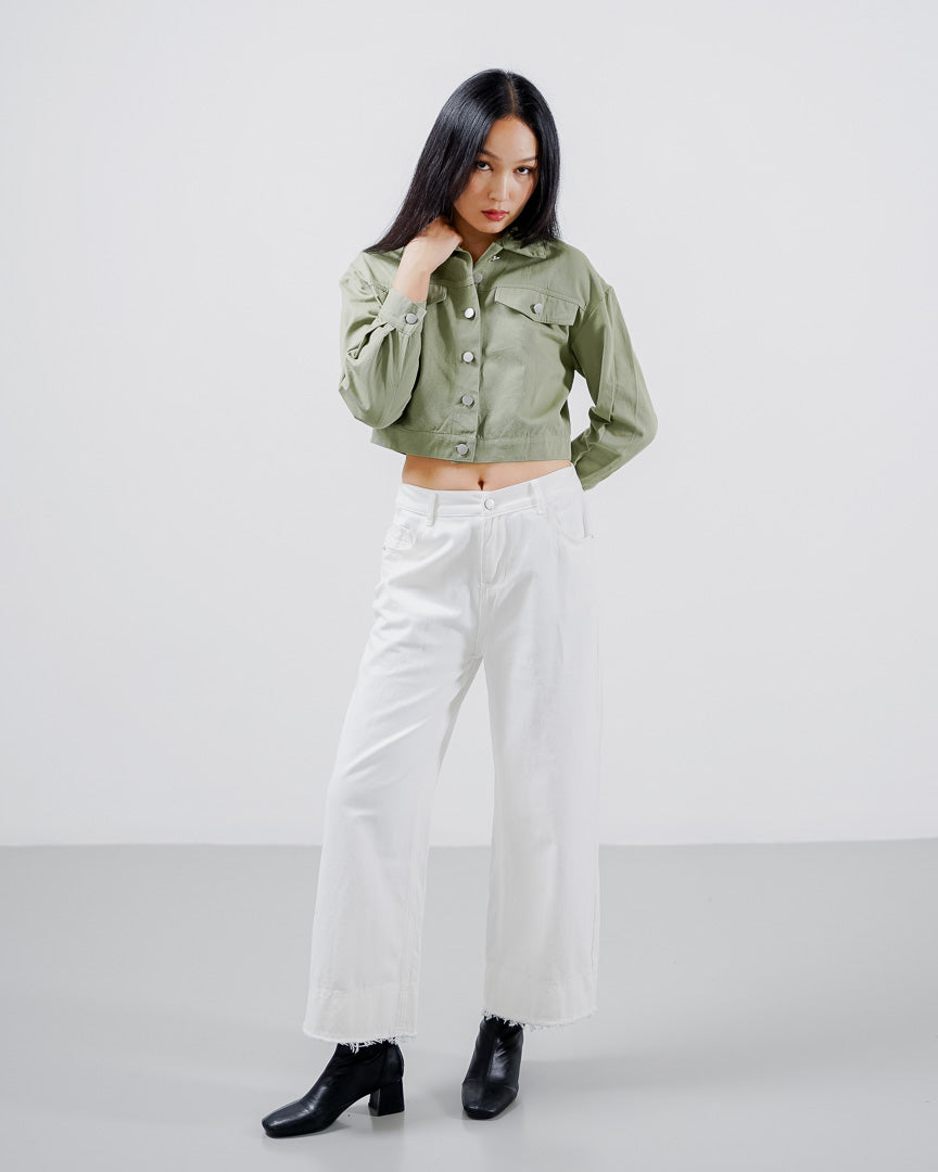 Nicole Crop Denim Green Top – Baju Atasan Wanita Lengan Panjang