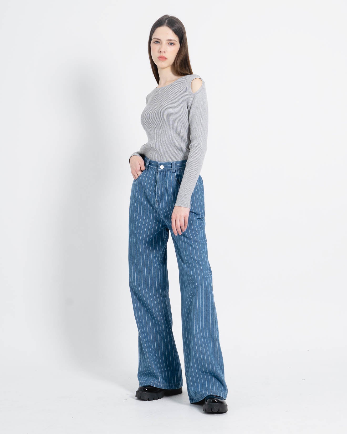 Santiago Stripped Denim Wide Blue Denim Pants – Celana Panjang Wanita - 288914