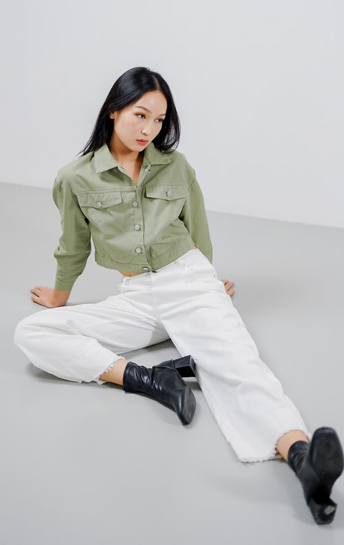 Nicole Crop Denim Green Top – Baju Atasan Wanita Lengan Panjang
