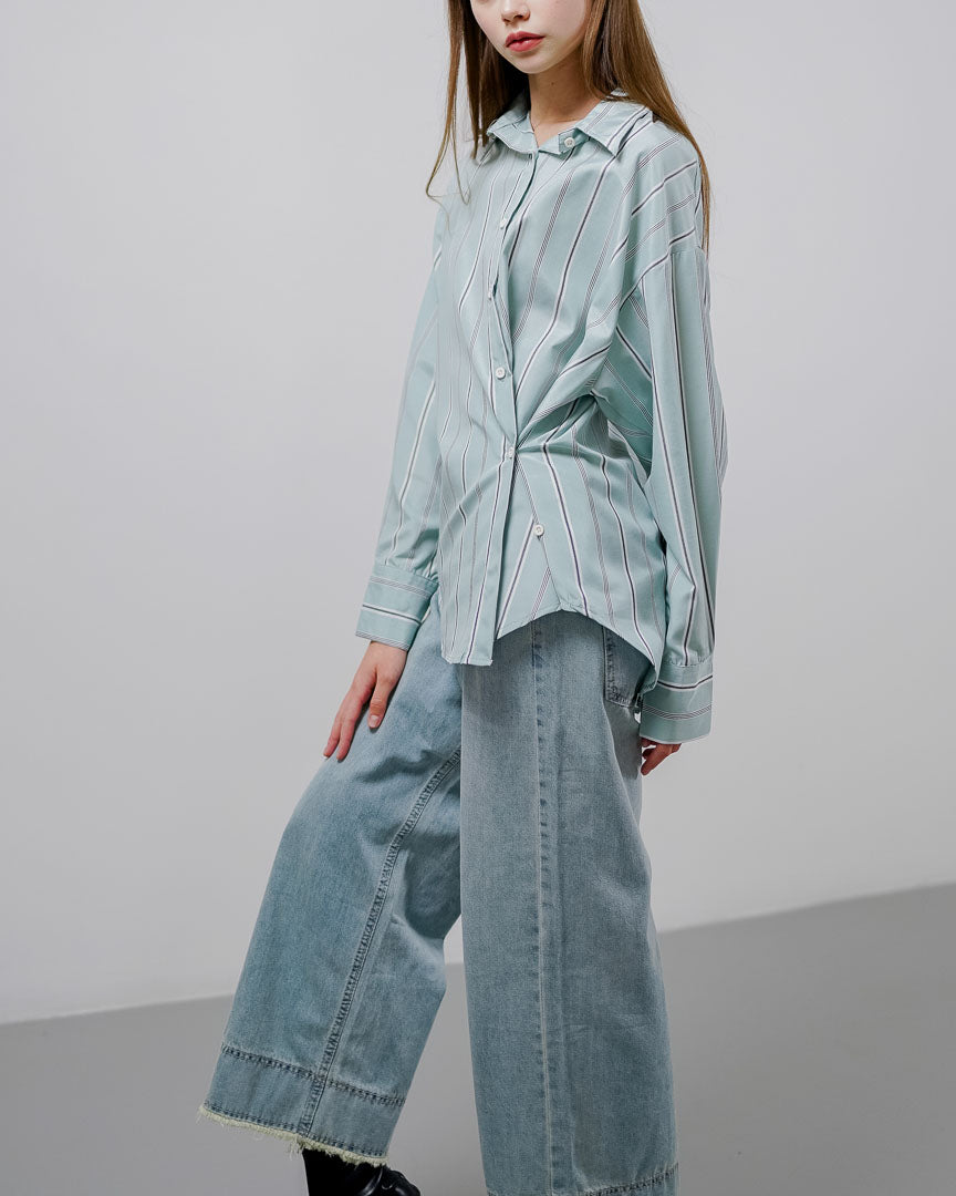 Flyn Oversized Striped Sage Shirt – Kemeja Wanita Lengan Panjang