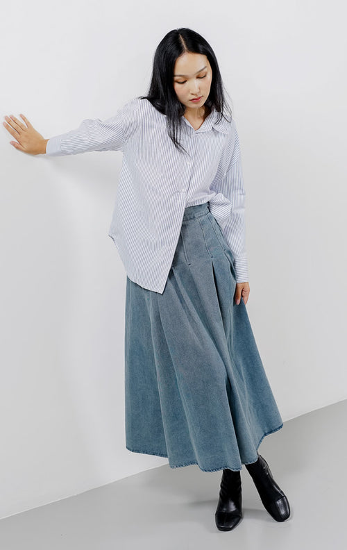 Cara Oversized Striped White Shirt – Baju Atasan Kemeja Wanita Lengan Panjang - 189405