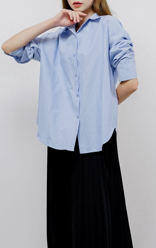 Cara Oversized Striped Blue Shirt – Baju Atasan Kemeja Wanita Lengan Panjang - 189404