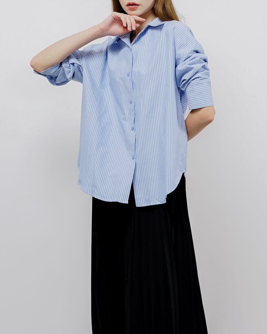 Cara Oversized Striped Blue Shirt – Baju Atasan Kemeja Wanita Lengan Panjang - 189404