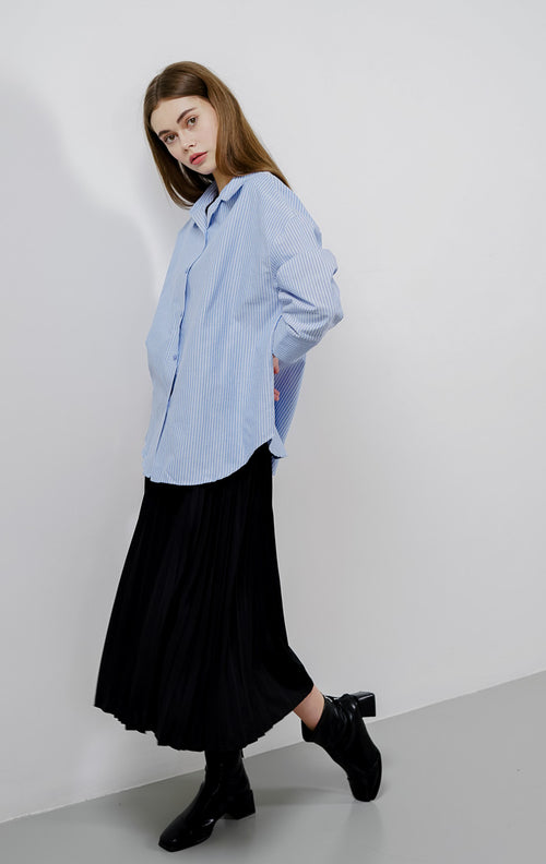 Cara Oversized Striped Blue Shirt – Baju Atasan Kemeja Wanita Lengan Panjang - 189404