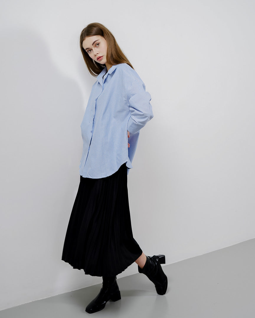 Cara Oversized Striped Blue Shirt – Baju Atasan Kemeja Wanita Lengan Panjang - 189404