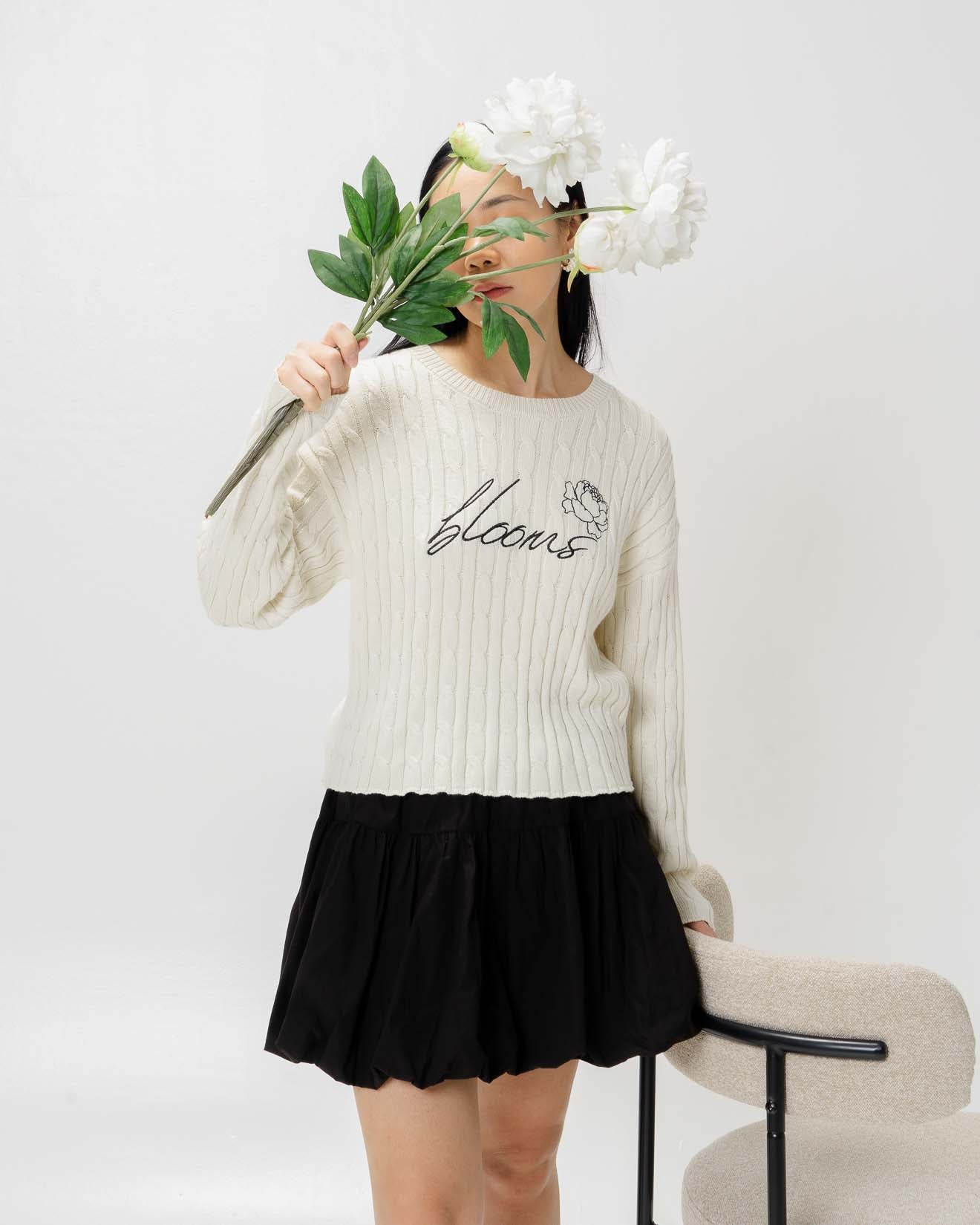 She Blooms- EA Eva Embroidery Cable Sweater Ivory Kekinian -189335