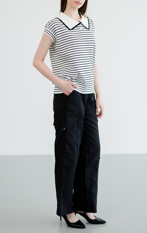 Ria Collar Stripped Knit White Top  - Atasan Rajut Wanita Lengan Pendek - 189434