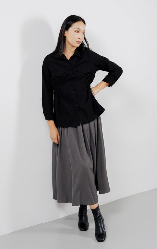 Raline Drawstring Black Shirt – Baju Atasan Kemeja Wanita Lengan Panjang - 189406