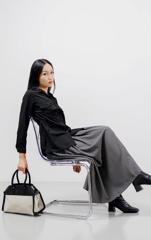 Raline Drawstring Black Shirt – Baju Atasan Kemeja Wanita Lengan Panjang - 189406