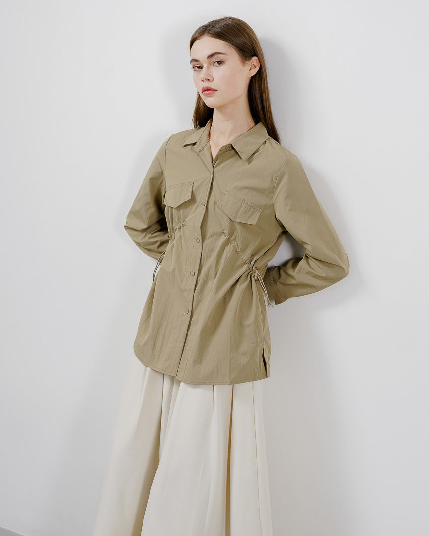 Raline Drawstring Brown Shirt – Baju Atasan Kemeja Wanita Lengan Panjang - 189407