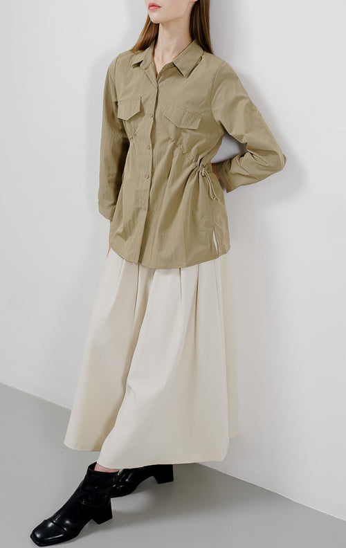 Raline Drawstring Brown Shirt – Baju Atasan Kemeja Wanita Lengan Panjang - 189407