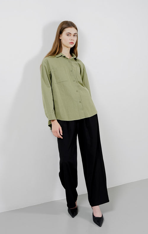 Baline Oversized Pockets Shirt Army - Kemeja Wanita Lengan Panjang