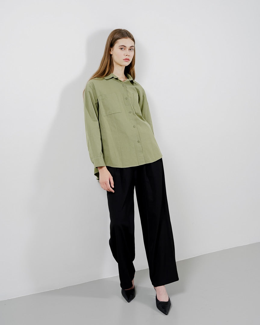 Baline Oversized Pockets Shirt Army - Kemeja Wanita Lengan Panjang