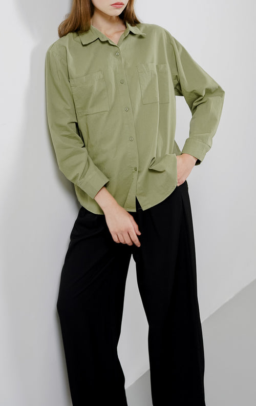 Baline Oversized Pockets Shirt Army - Kemeja Wanita Lengan Panjang