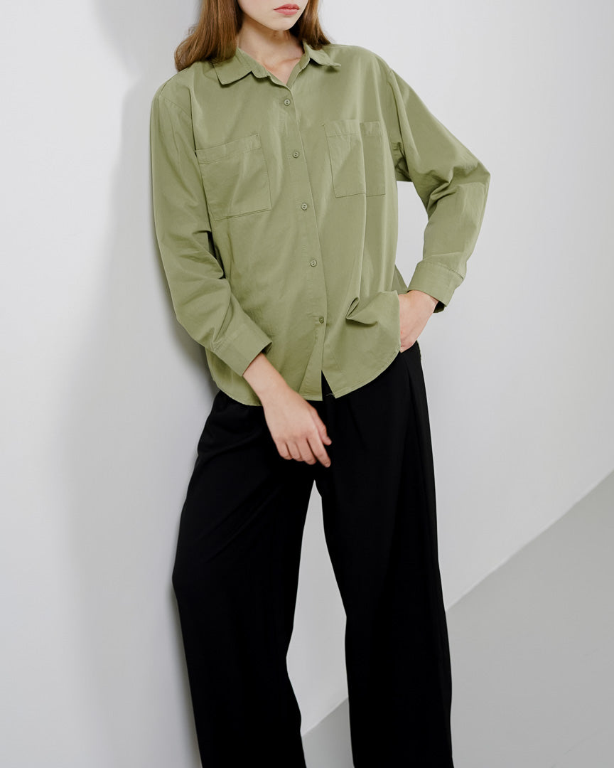 Baline Oversized Pockets Shirt Army - Kemeja Wanita Lengan Panjang