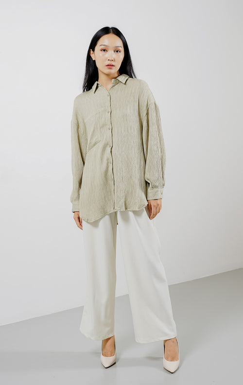 Carmen Textured Pleats Sage Shirt – Baju Atasan Kemeja Wanita