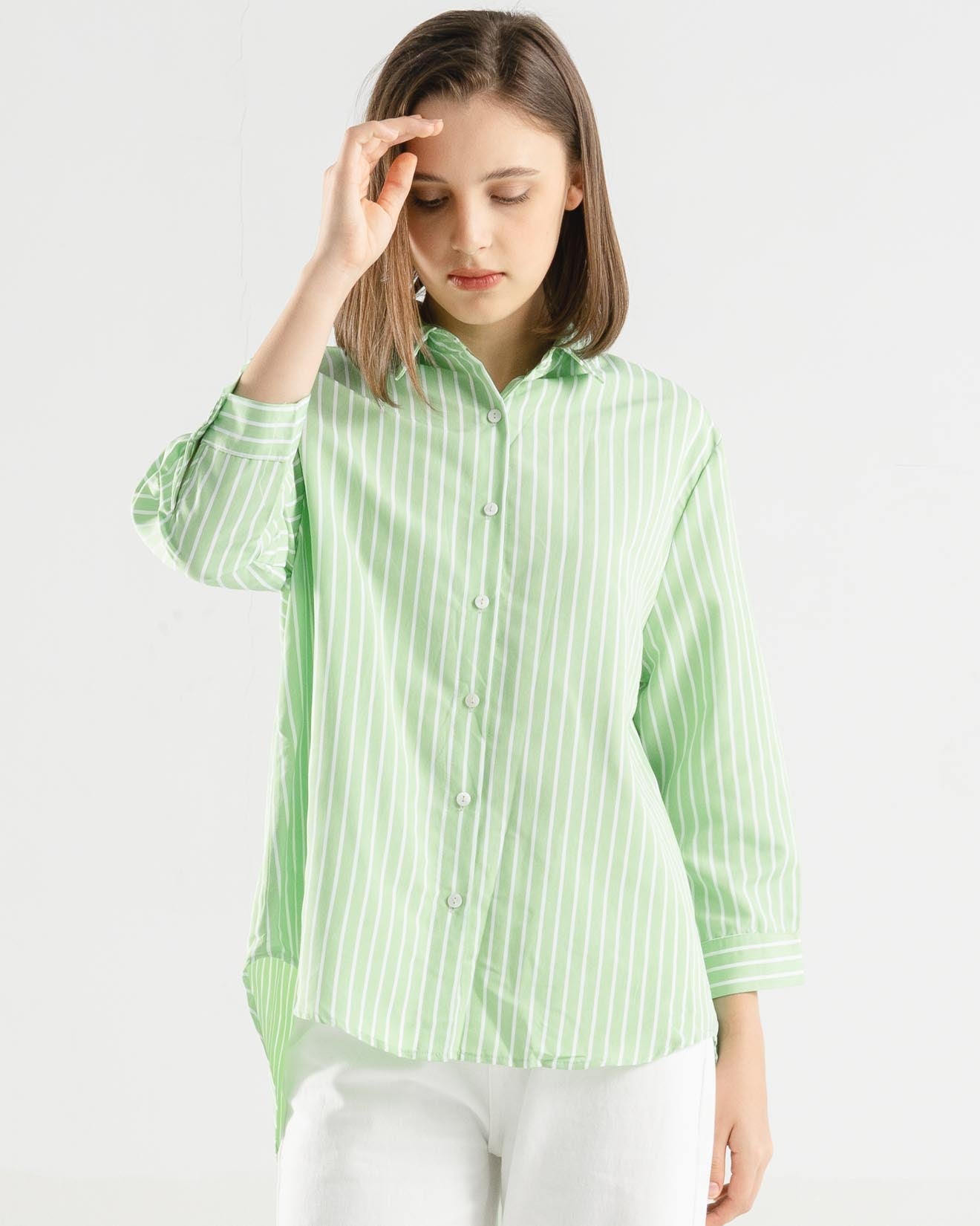 Romily Stripped Green Shirt – Kemeja Wanita - 188655