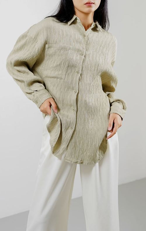 Carmen Textured Pleats Sage Shirt – Baju Atasan Kemeja Wanita