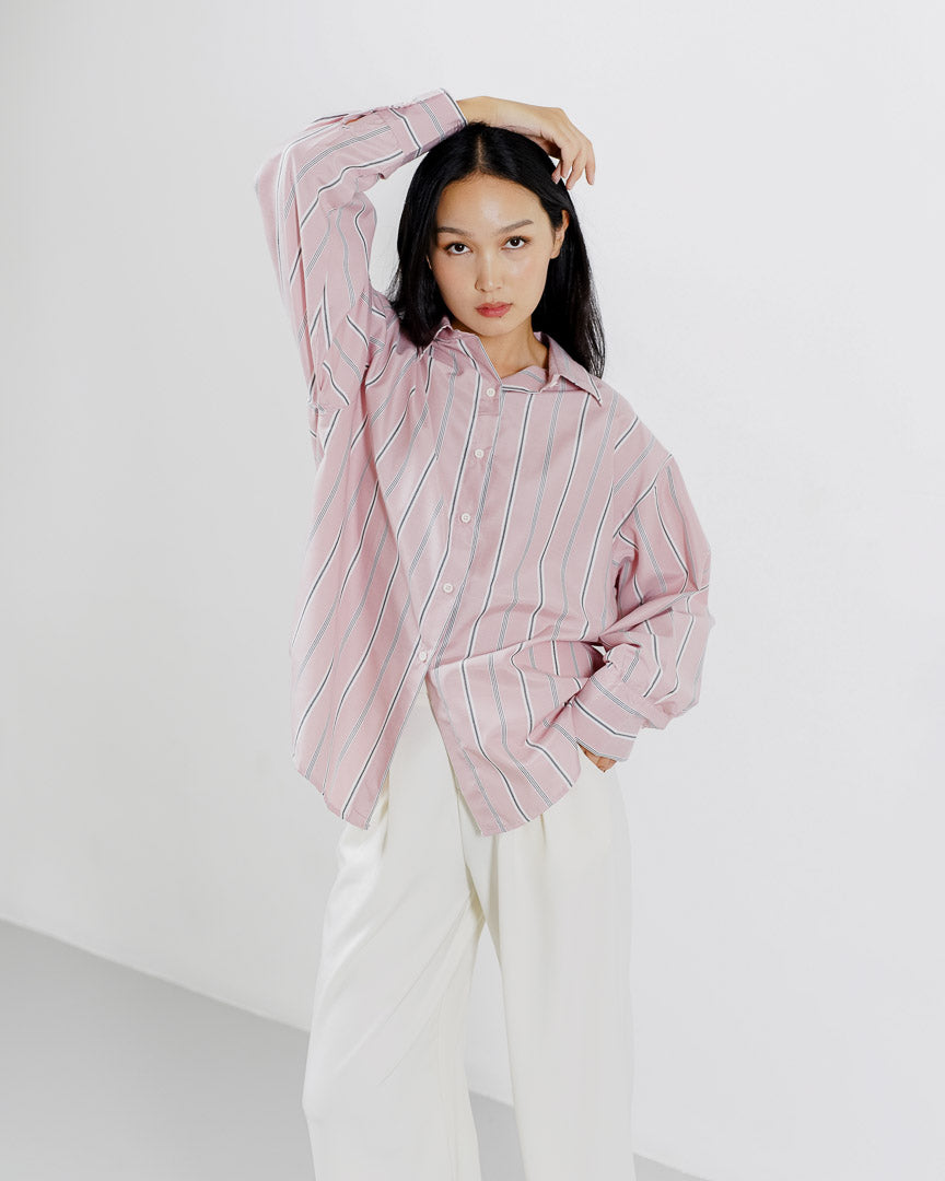 Flyn Oversized Striped Pink Shirt – Kemeja Wanita Lengan Panjang