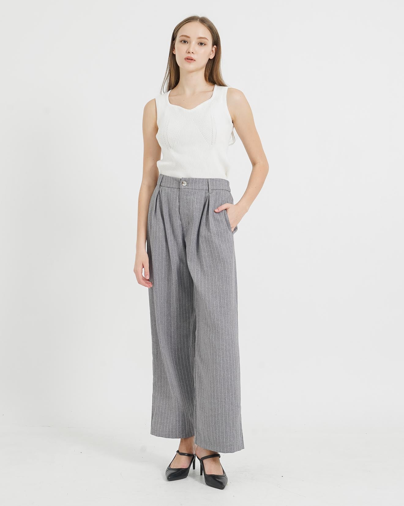 Flyn Stripped Grey Pants - Celana Panjang Wanita Casual - 288906