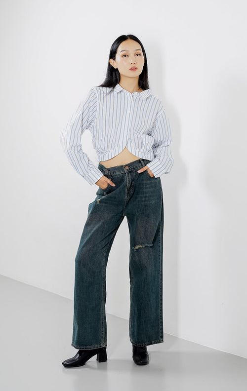 Michelle Striped Crop Blue Shirt – Baju Atasan Kemeja Wanita Casual - 189708