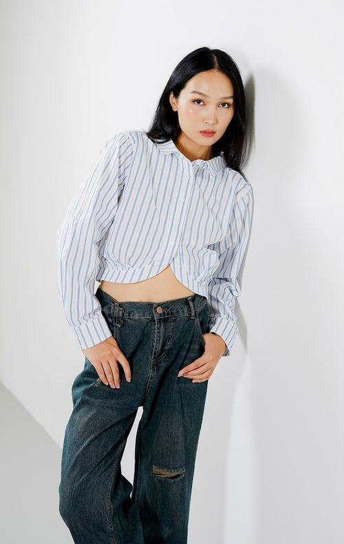 Michelle Striped Crop Blue Shirt – Baju Atasan Kemeja Wanita Casual - 189708
