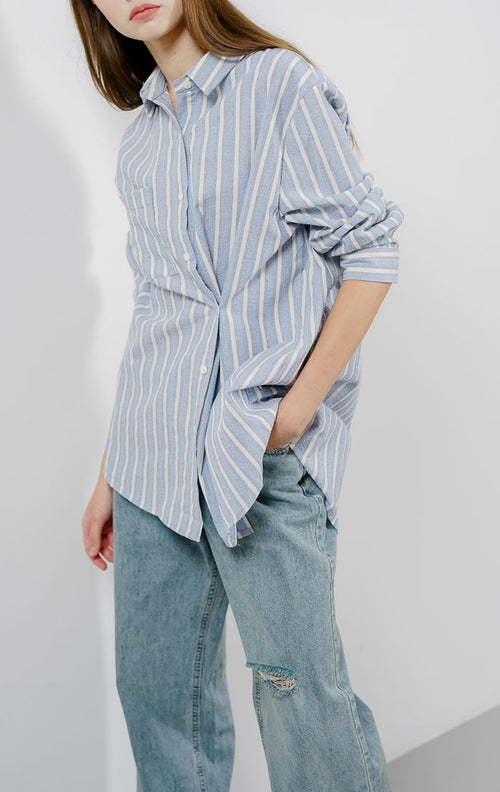 Almita Textured Striped Blue Shirt – Kemeja Casual Wanita Lengan Panjang - 189964