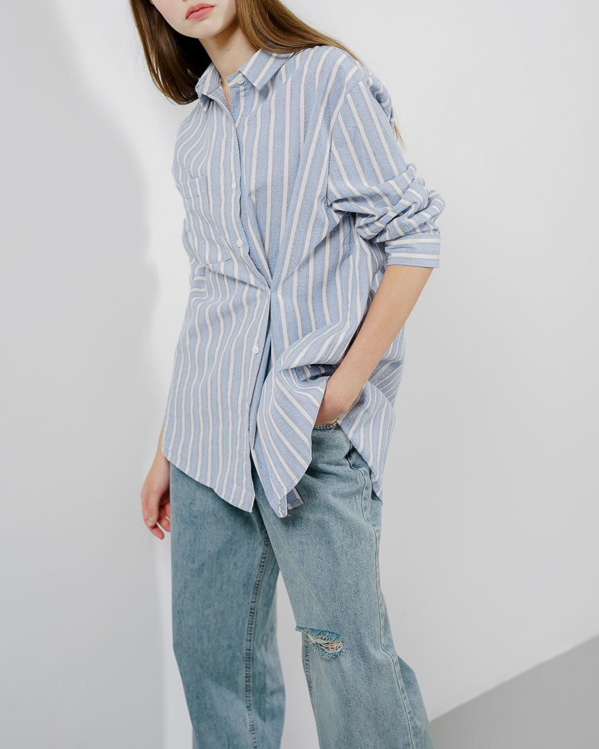 Almita Textured Striped Blue Shirt – Kemeja Casual Wanita Lengan Panjang - 189964