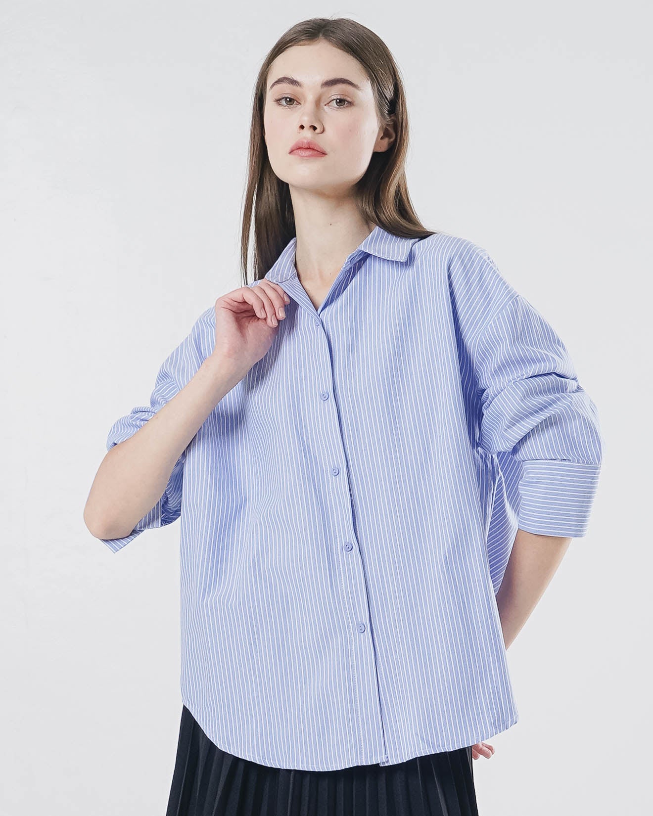 Cara Oversized Striped Blue Shirt – Baju Atasan Kemeja Wanita Lengan Panjang - 189404