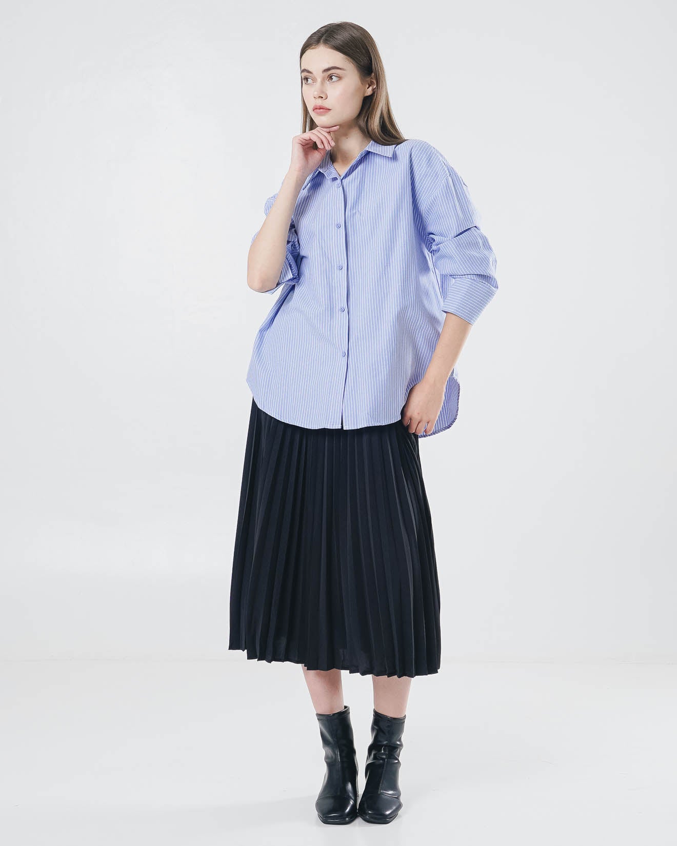 Cara Oversized Striped Blue Shirt – Baju Atasan Kemeja Wanita Lengan Panjang - 189404