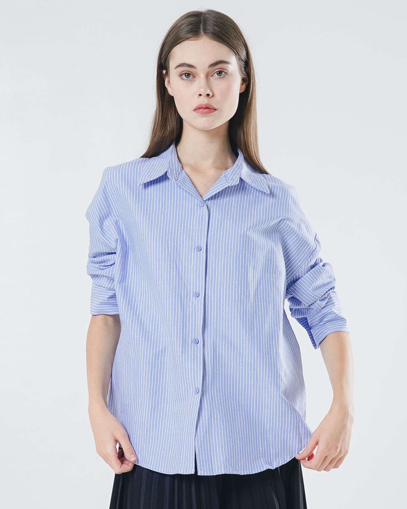 Cara Oversized Striped Blue Shirt – Baju Atasan Kemeja Wanita Lengan Panjang - 189404