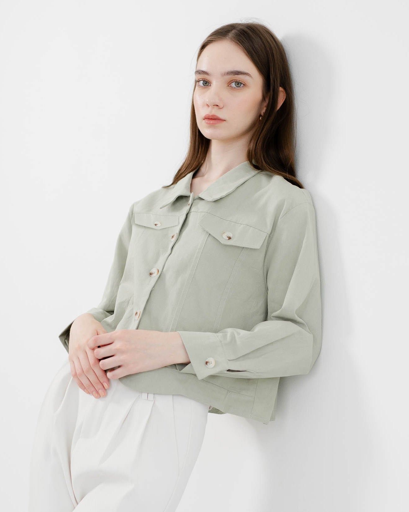 Erise Crop Long Sleeve Green Sage Top - Atasan Wanita Lengan Panjang Kekinian -189706