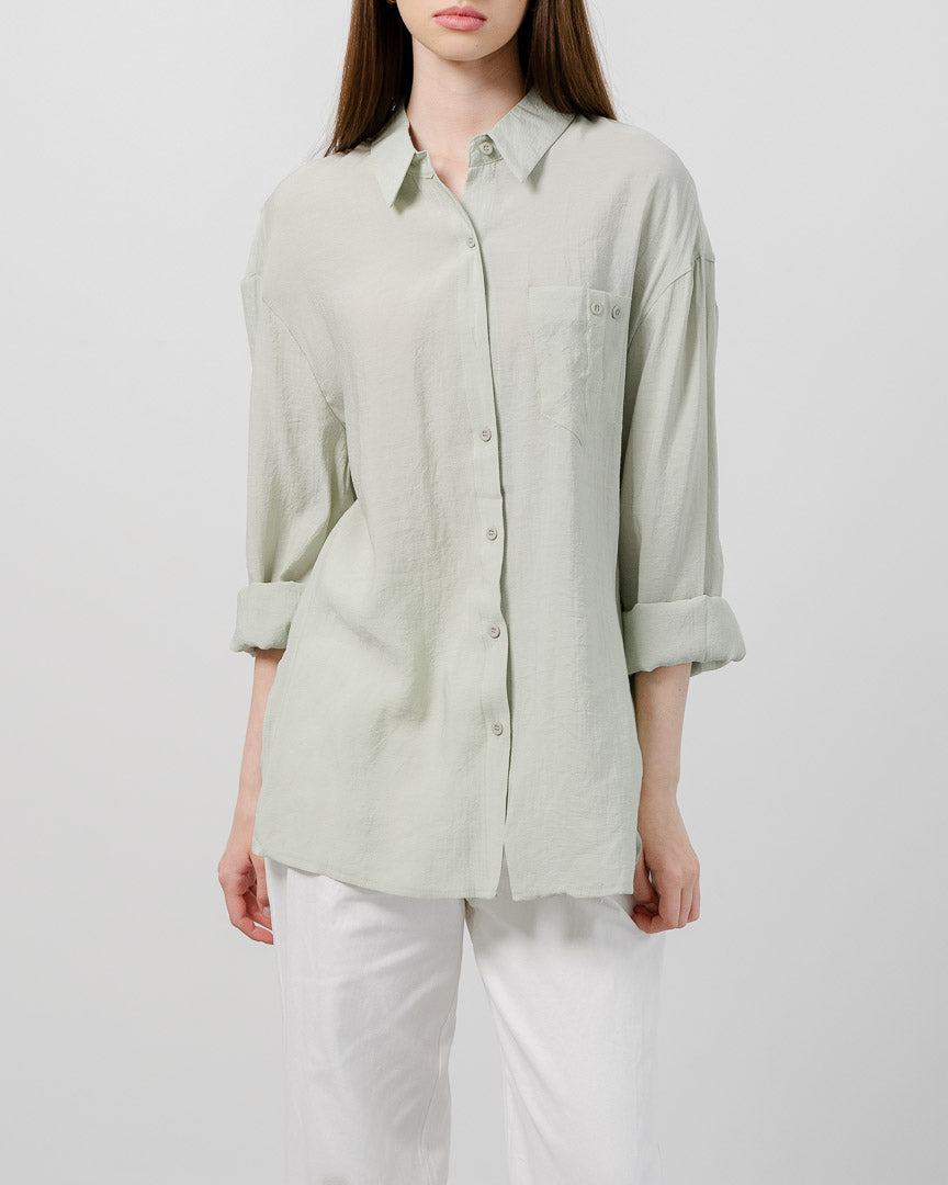 Moire Sheer Oversized Green Sage Shirt - Kemeja Wanita Lengan Panjang Hijab - 189943