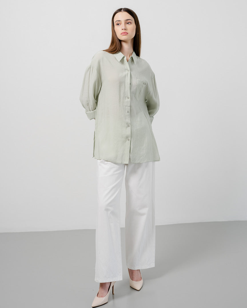 Moire Sheer Oversized Green Sage Shirt - Kemeja Wanita Lengan Panjang Hijab - 189943