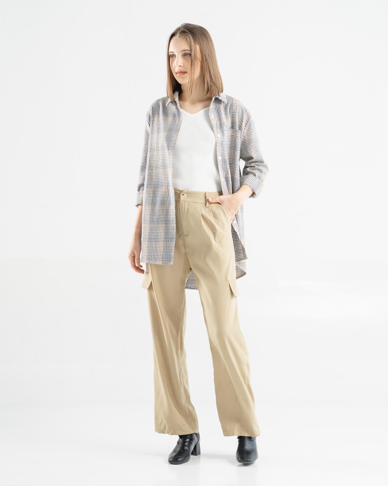 Anna Oversized Gingham Brown Shirt - Kemeja Wanita Lengan Panjang - 188900