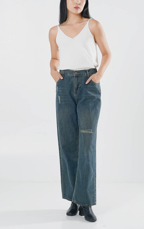 Aaron Ripped Dark Denim Pants – Celana Kulot Casual Wanita