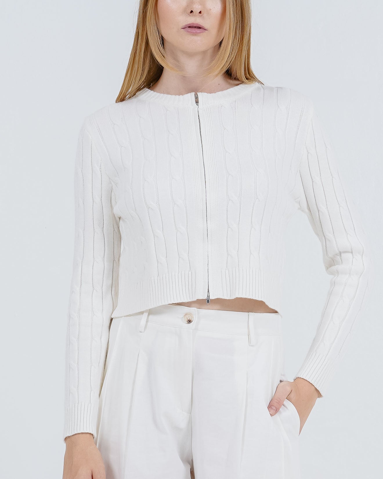 Abilene Cable Zipper Knit White Top –  Baju Atasan Wanita Kekinian