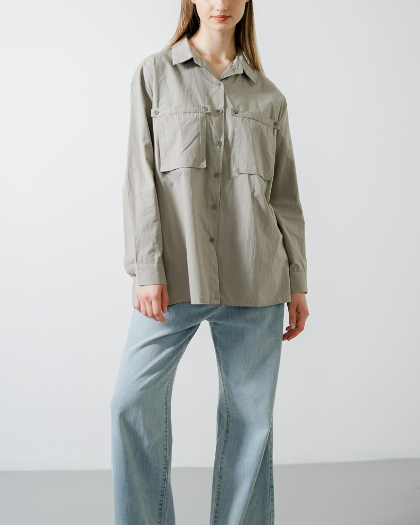 Olwyn Oversized Pocket Green Sage Shirt – Atasan Lengan Panjang Wanita - 189983