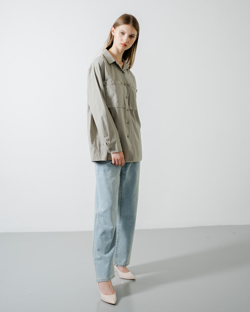 Olwyn Oversized Pocket Green Sage Shirt – Atasan Lengan Panjang Wanita - 189983