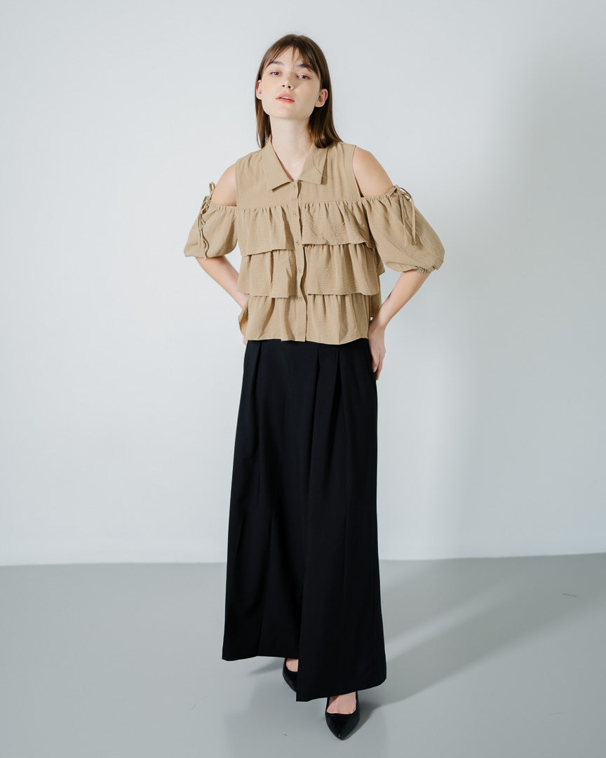 Sahsa Off Shoulder Ruffle Brown Top – Blouse Wanita Lengan Pendek - 189981