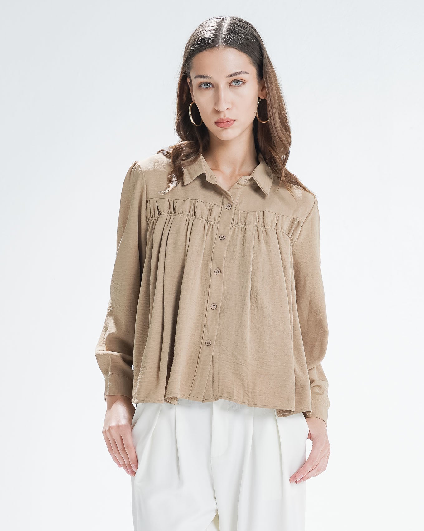 Dorin Ruffled Brown Shirt – Kemeja lengan Panjang Hijab Wanita - 189703