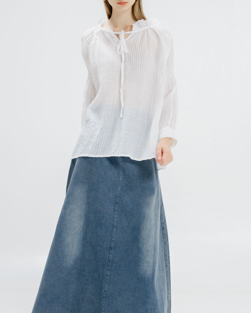 Almafi Ruffle Pleats White Blouse – Atasan Wanita Lengan Panjang - 189998