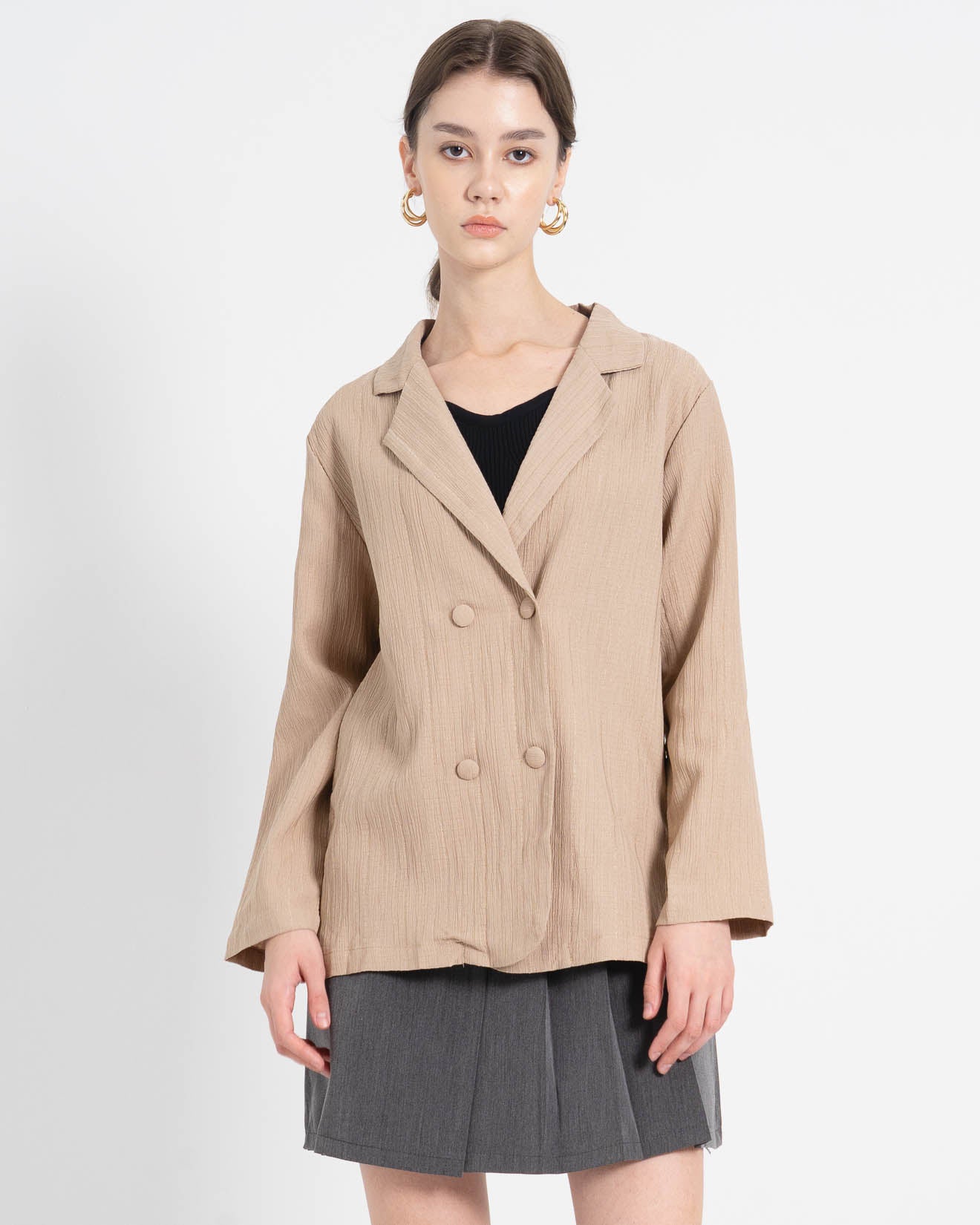 Sarah Oversized Textured Brown Blazer – Outer Wanita Lengan Wanita - 188977