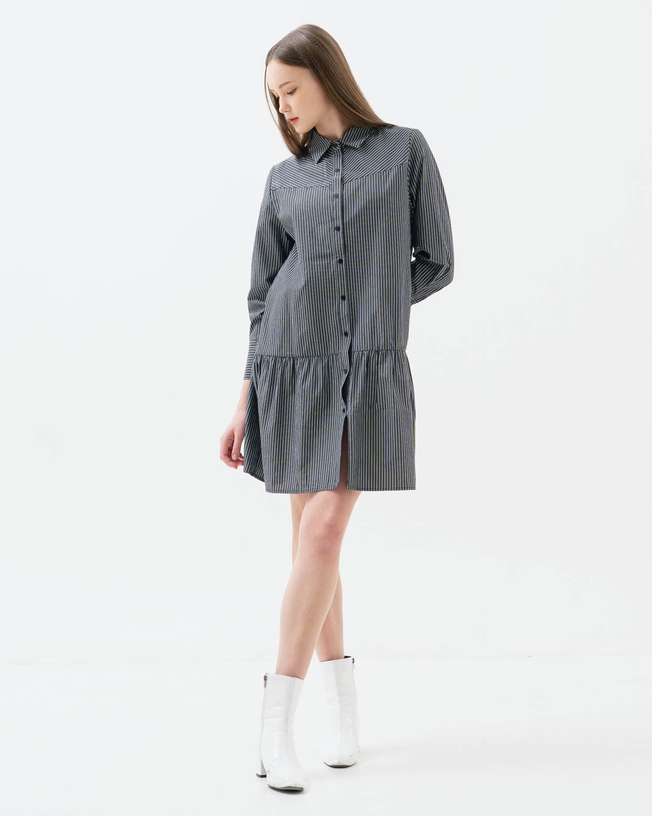 Orlia Stripped Shirt Grey Dress – Gaun Casual Wanita - 788325