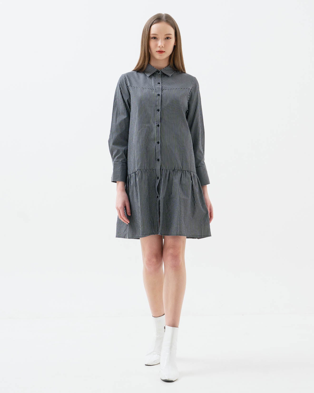 Orlia Stripped Shirt Grey Dress – Gaun Casual Wanita - 788325