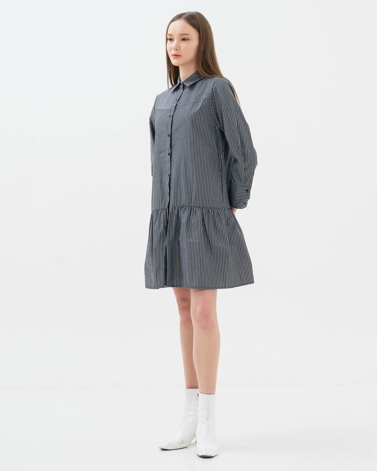 Orlia Stripped Shirt Grey Dress – Gaun Casual Wanita - 788325