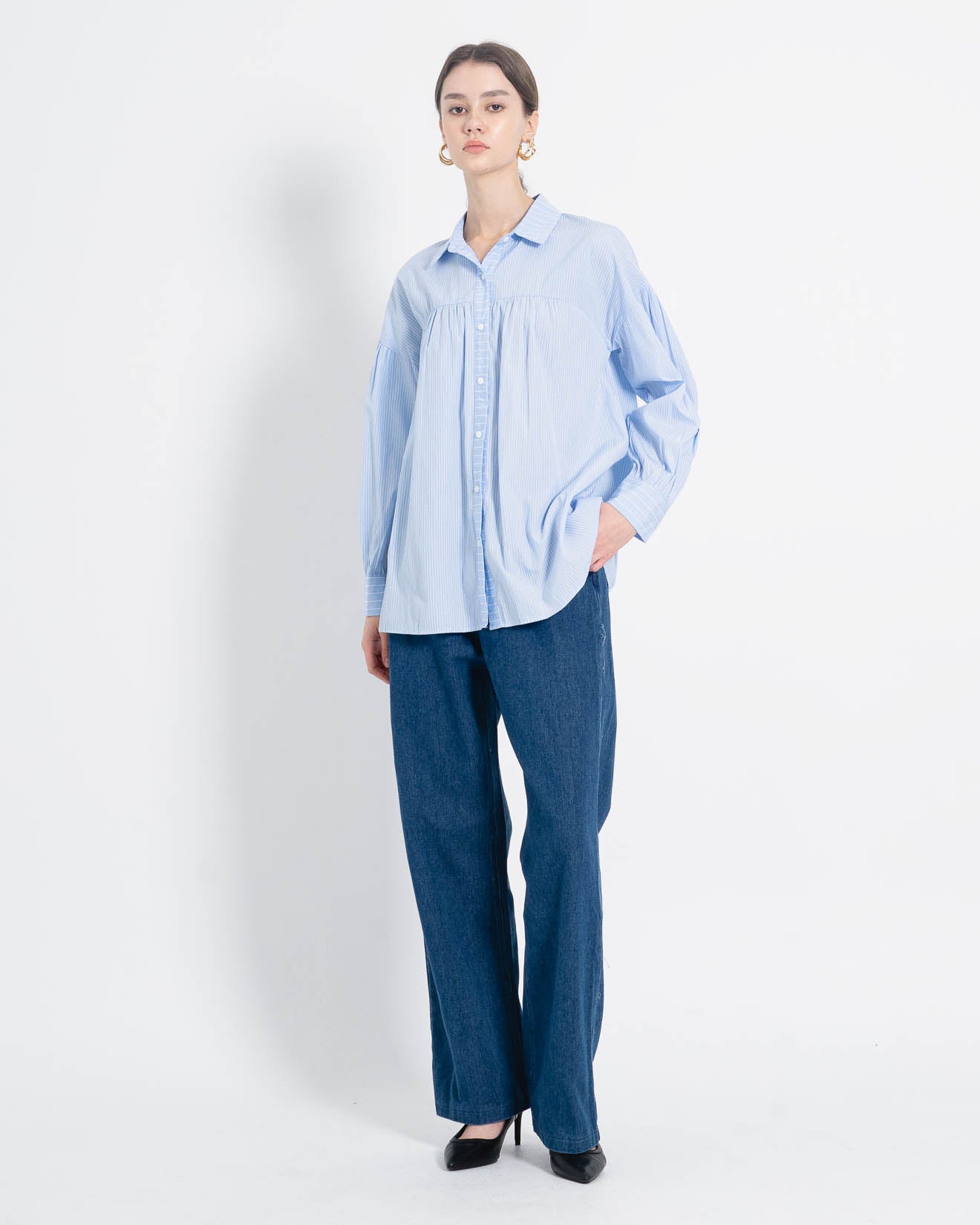 Cory Oversized Stripped Blue Shirt – Blouse Wanita lengan Panjang - 188337