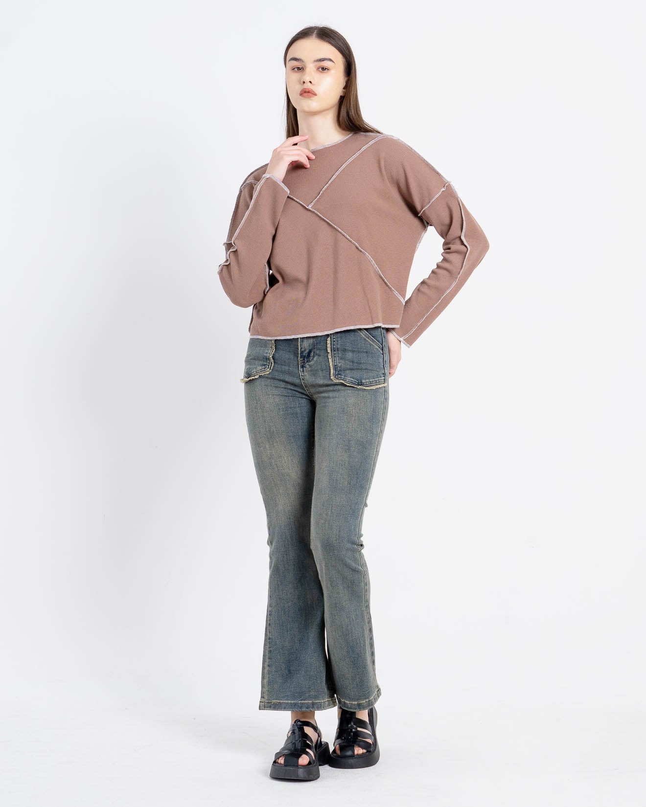 Roxane Oversized Stitches Brown Top – 188201